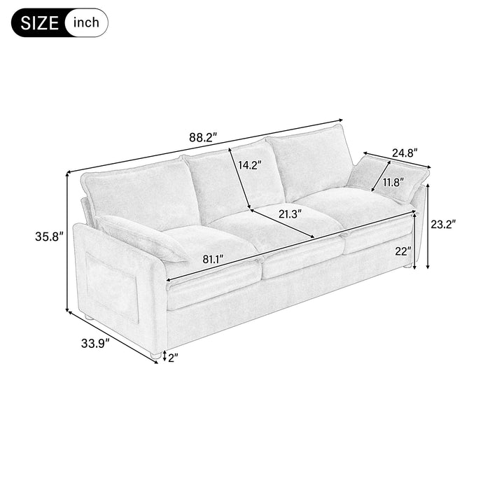 Modern 3 Seater Sofa With Side Storage Pockets For Living Room