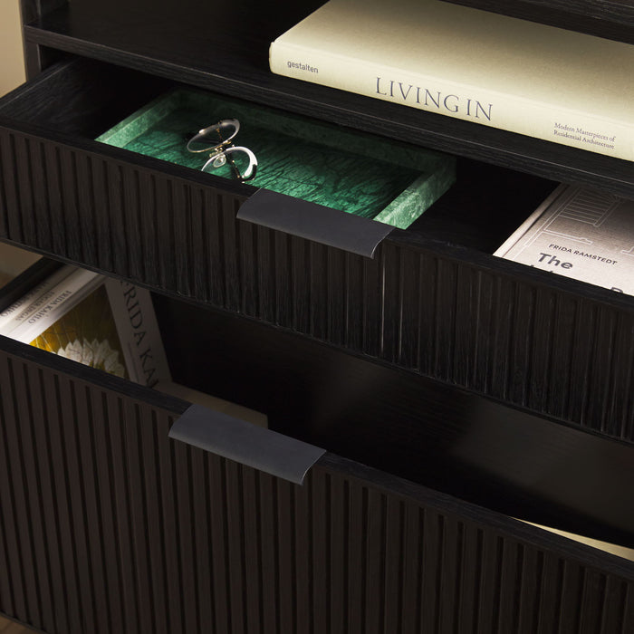 Transitional Wide Reeded Bookshelf With Drawers On Bottom