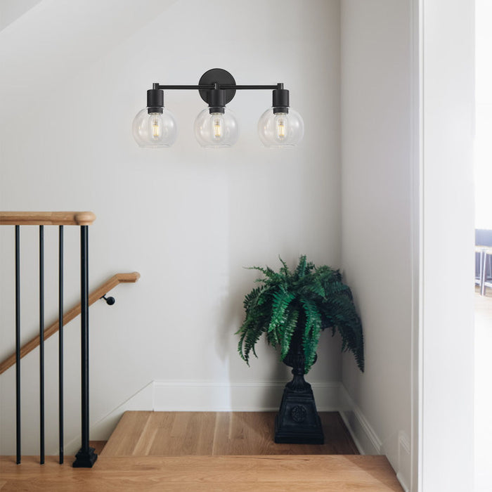 3 Light Globe Bathroom Vanity Light With Clear Glass Shades - Black