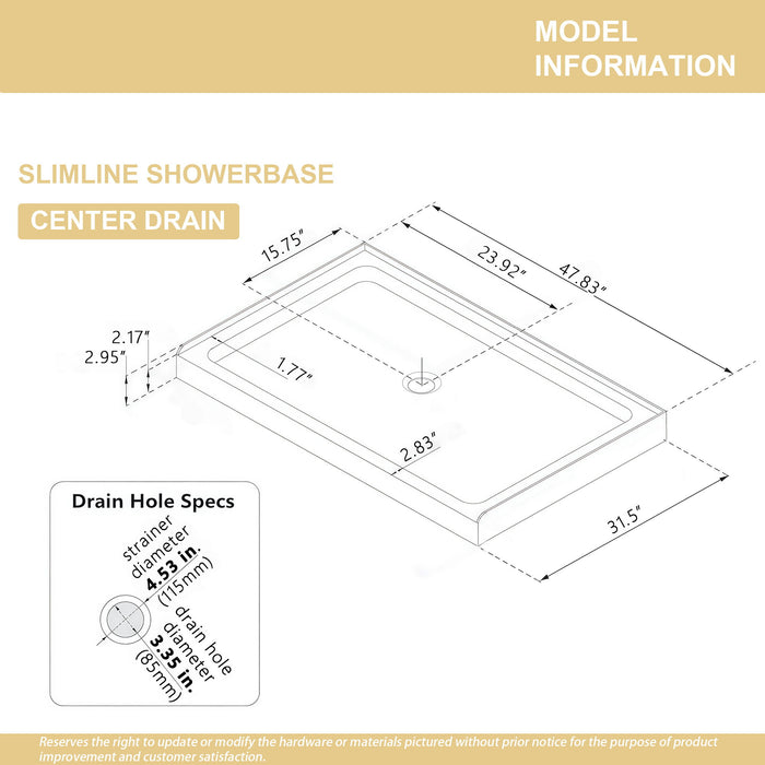 Shower Base, Center Drain With Durable Construction - Gloss White