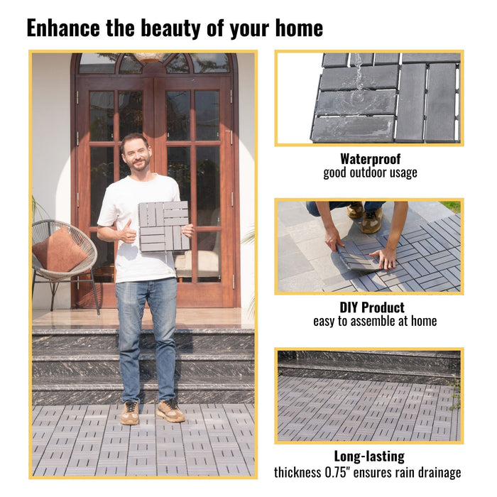 Acacia Wood Interlocking Deck Tiles Checker Pattern For Outdoor Flooring