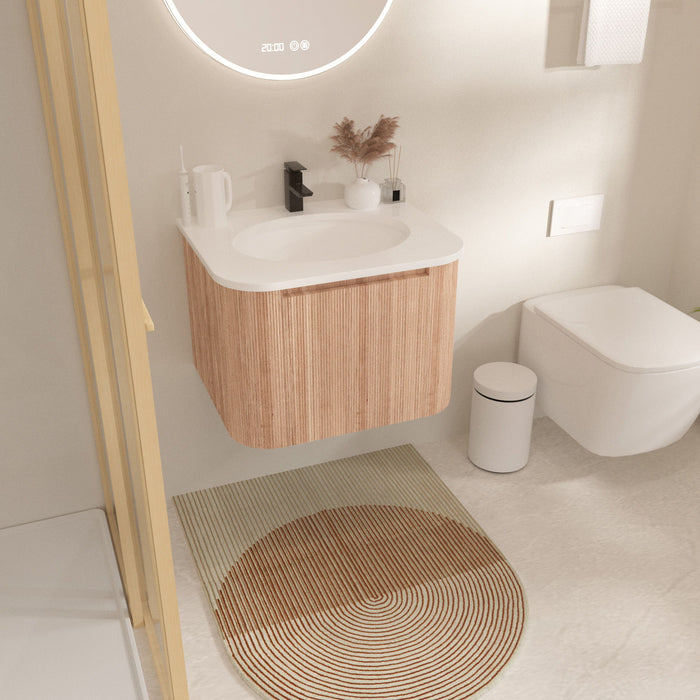 Wall Mounted Bathroom Vanity With Countertop, Sink, Curved Design With Stripe - Natural Wood
