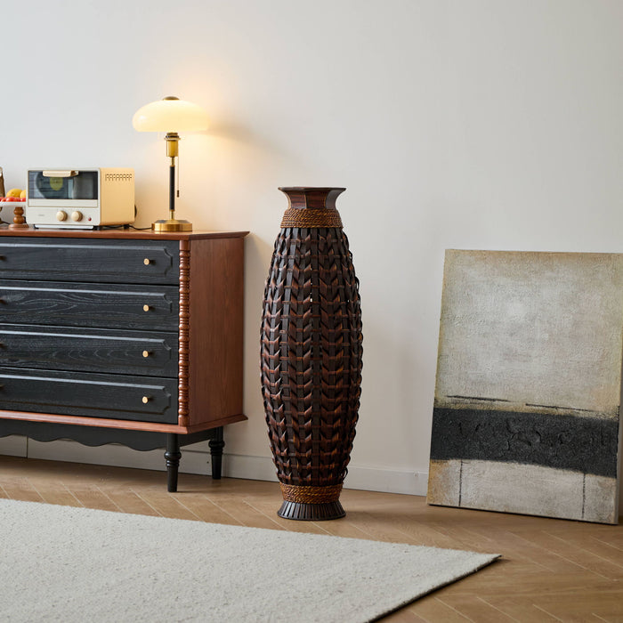 Hand Woven Bamboo Floor Vase, Decorative Accent For Living Room - Acacia Wood