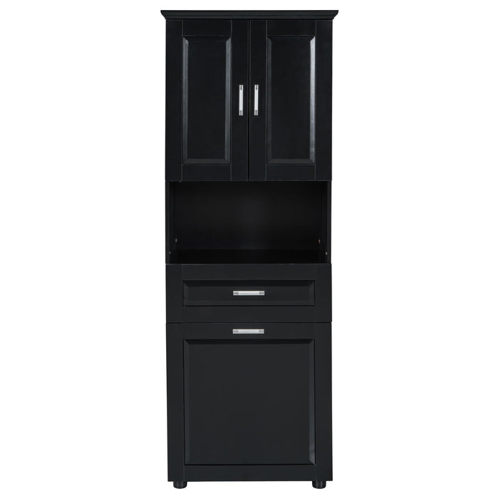Tall Bathroom Cabinet With Tilt-Out Laundry Basket And Upper Storage