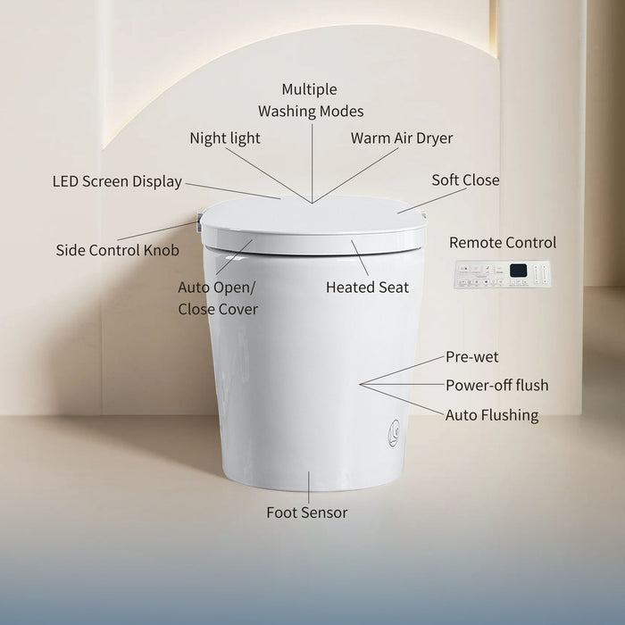Tankless Smart Toilet With Bidet Built In, 1 Piece, Auto Flush, Auto Open / Close, Heated Seat, Bubble Wash, Warm Water And Dry, Adjustable Temp, Remote Control Side Know - White