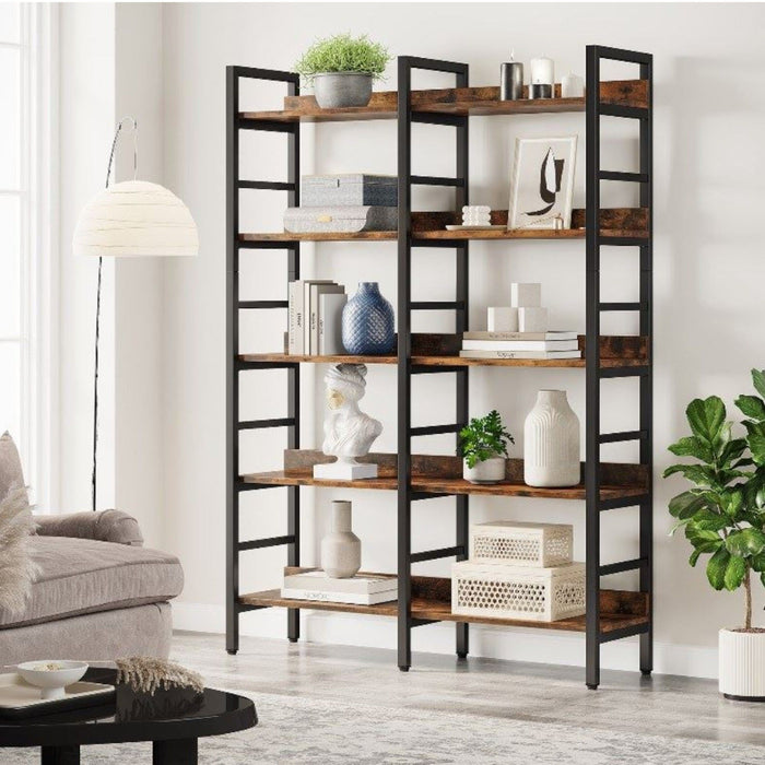 5 Tier Double Wide Bookshelf For Living Room - Rustic Brown