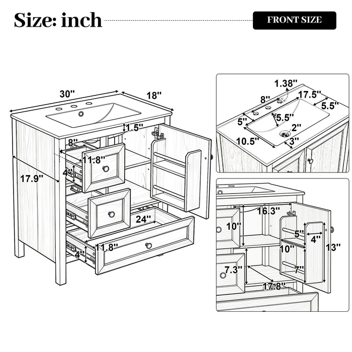 Modern Bathroom Vanity With Sink, Soft Close Drawers & Door, Storage Rack