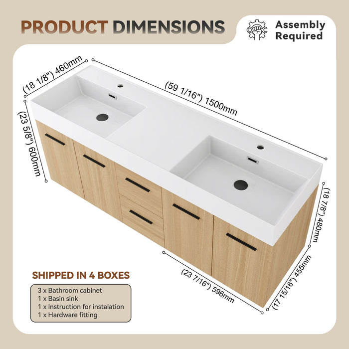 Floating Double Sink Bathroom Vanity With Drawers And Doors, Extra Large Storage, Integrated Sink, Soft Close Hardware - Glossy White / Light Oak