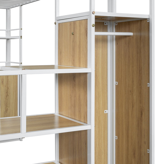 Full Size Loft Bed With Storage Staircase, Wardrobe, Shelves, And Lockers Natural Mdf Details - White / Natural