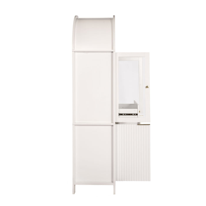 Fluted Tall Arched Pantry Cabinet With Adjustable Shelves, Glass Door & Hidden Drawer For Kitchen