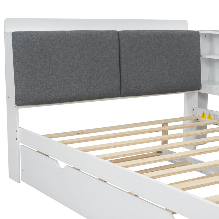 Platform Bed With Trundle, Shelves, And Storage Headboard