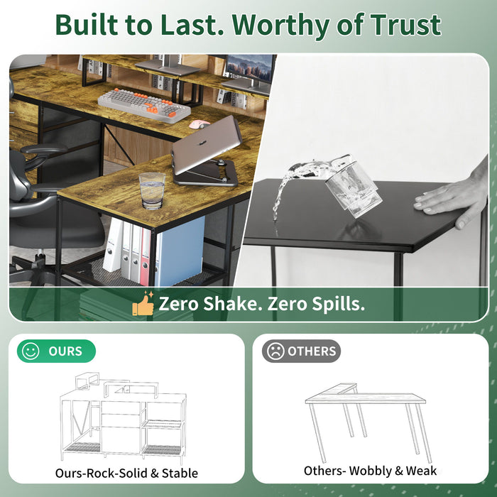 Industrial L Shaped Computer Desk With Power Outlets & USB-C, 6 Fabric Drawers, 3 Open Shelves, Movable Monitor Stands - Brown