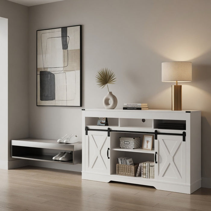 Farmhouse TV Stand With Sliding Barn Doors & Adjustable Storage