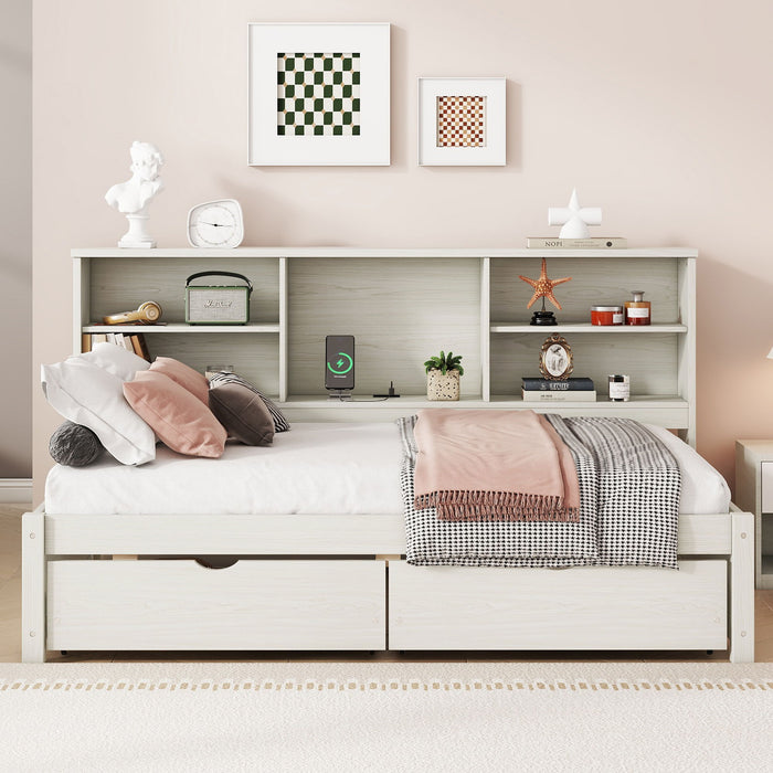 Bed Frame With Side Bookshelves, 2 Drawers, And Built In USB Port