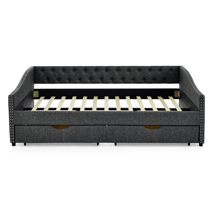 Upholstered Tufted Daybed With 2 Drawers, Waved Arms
