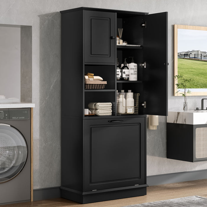 Modern Tall Storage Cabinet With Adjustable Shelves, Flip-Out Basket & Enclosed Doors
