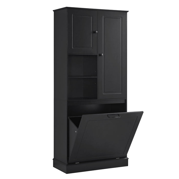Modern Tall Storage Cabinet With Adjustable Shelves, Flip-Out Basket & Enclosed Doors