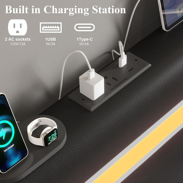 Wingback Upholstered Bed Frame With LED Lights, Charging Station