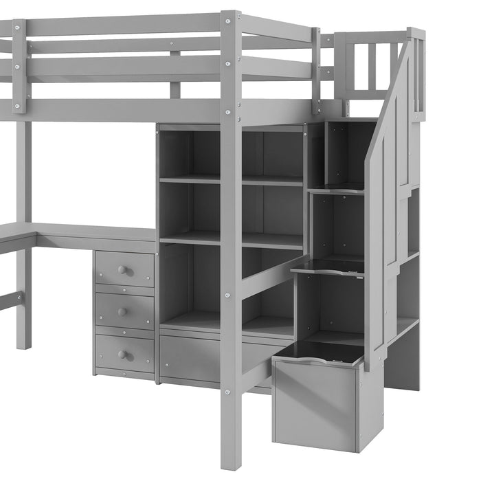 Loft Bed & L Shaped Desk, Drawers, Cabinet, And Storage Staircase