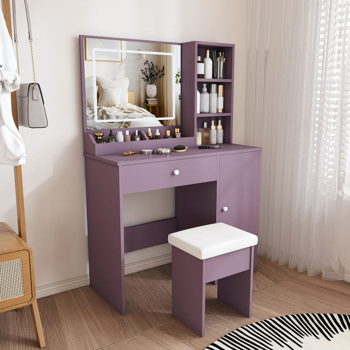 Vanity Desk Set With Padded Stool & Adjustable LED Mirror, 3 Color Mode Lighting, Compact For Bedroom - Purple