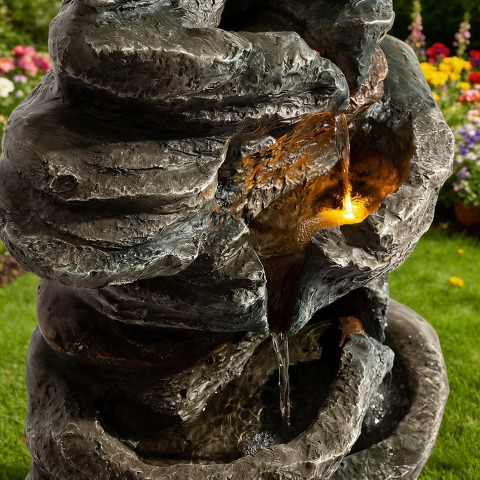 6 Tier Cascading Stone Water Fountain With LED Lights - Gray