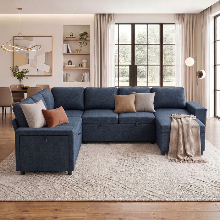 U - Shaped Convertible Sectional Sofa Bed With Storage, USB Charger & Cup Holders