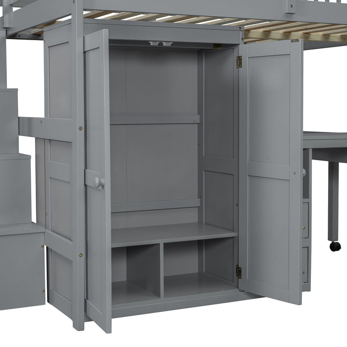 Loft Bed With Stairs, Bookshelf, Drawers, Desk & Wardrobe, Space Saving Multifunctional Furniture