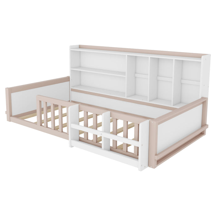 Platform Bed Frame With Guardrail, Storage Shelves & Bookshelf