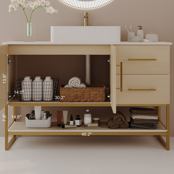 Bathroom Vanity With Vessel Sink Accent Free Standing Cabinet - Ameican White Oak / Gold / White