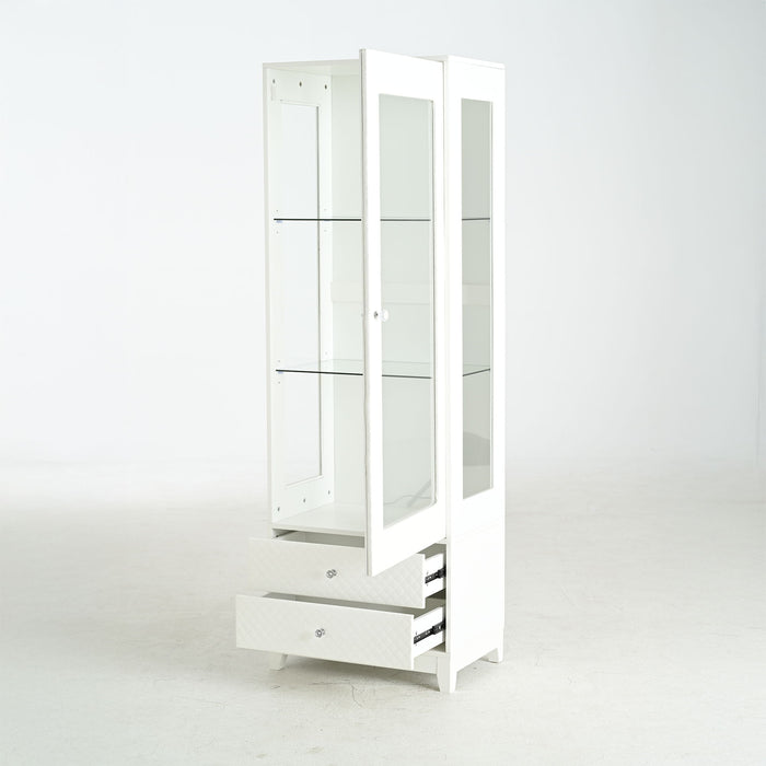 Modern Upholstered Glass Display Cabinet With Adjustable LED Light - White