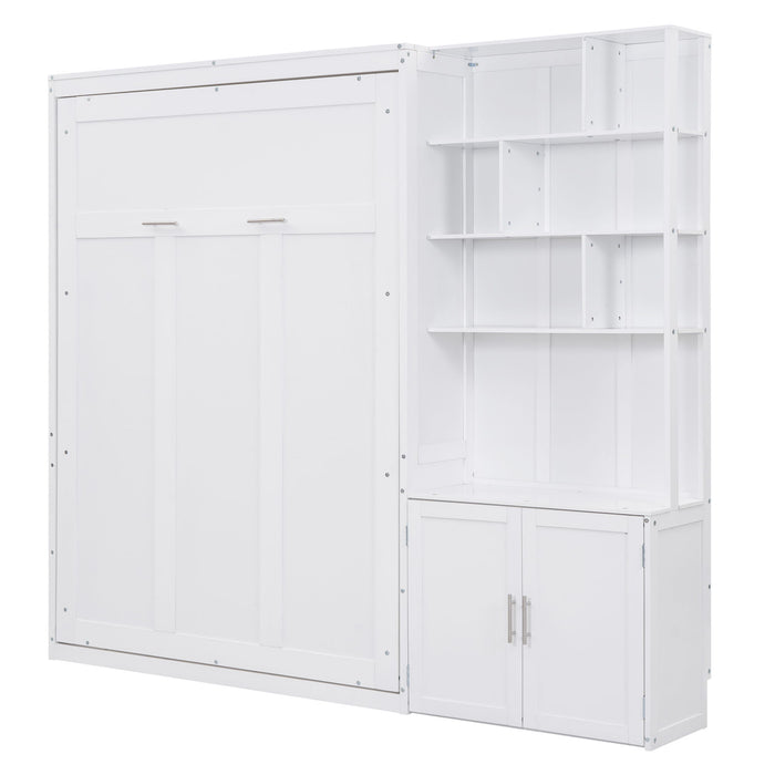 Full Size Murphy Bed With Multiple Storage Shelves And A Cabinet - White