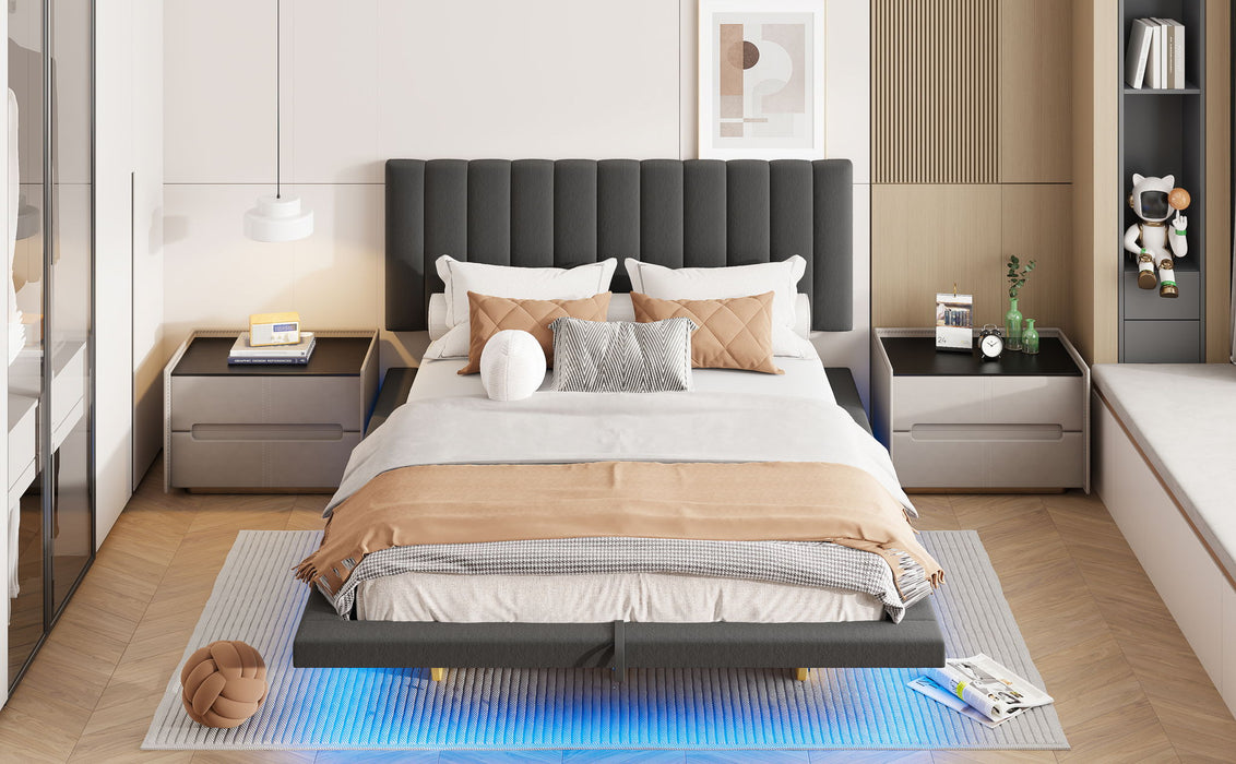 Upholstered Floating Hydrualic Platform Bed With LED Light And USB Port