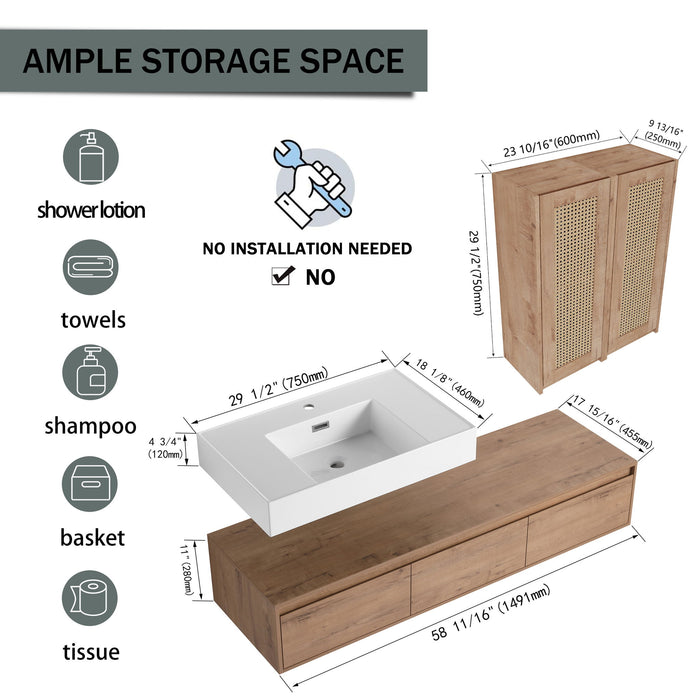 Modern Wall Mounted Bathroom Vanity With Resin Sink And 2 Side Cabinet, Imitative, Construction - Imitative Oak