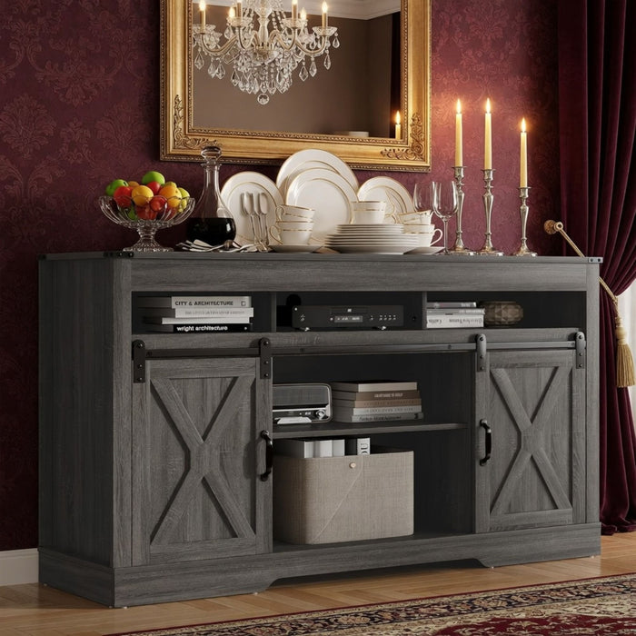 Farmhouse TV Stand With Sliding Barn Doors & Adjustable Storage