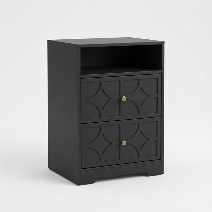 Nightstand With Diamond Carvings Handles, 2 Drawers & Charging Station