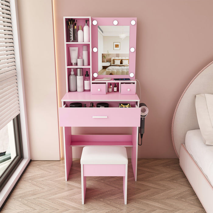 Vanity Table With Mirror, Adjustable LED Lights, Power Outlet, Hairdryer Holder & Stool