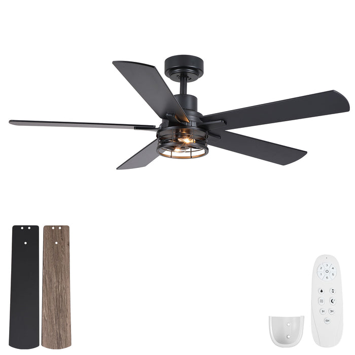 Ceiling Fan With Light, Dual‑Sided Matte Black & Wood Grain Blades - Black