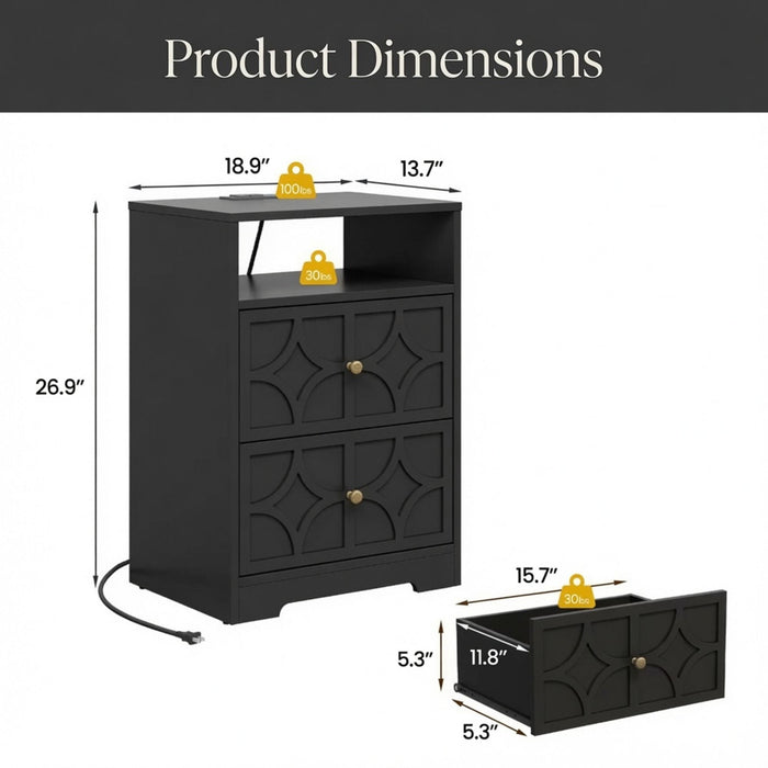 Nightstand With Diamond Carvings Handles, 2 Drawers & Charging Station