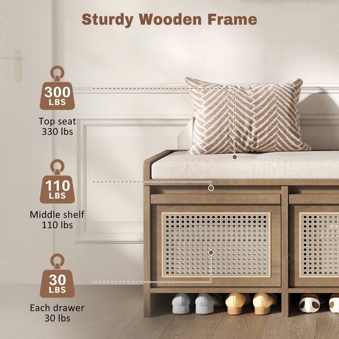 Entryway Shoe Bench With Drawers & Button Tufted Cushion
