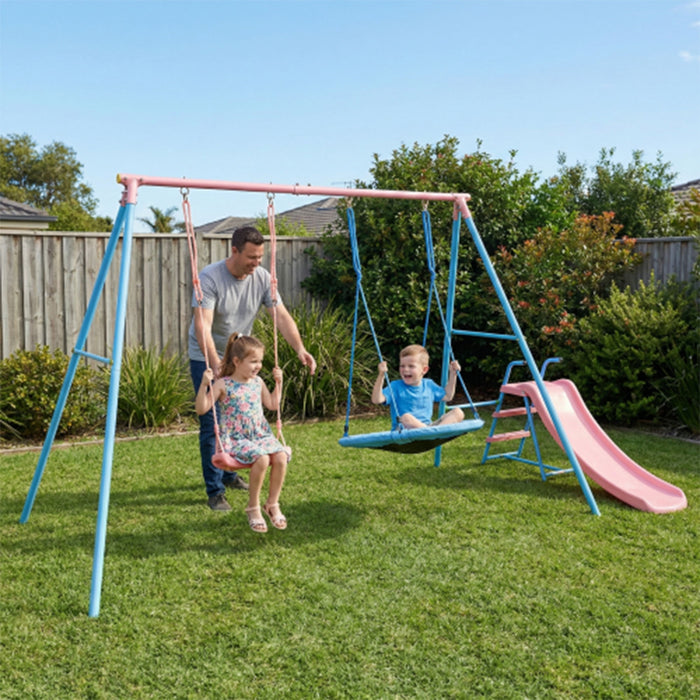 Xns107 - 2 Swing Set With Slide For Outdoor - Blue / Pink