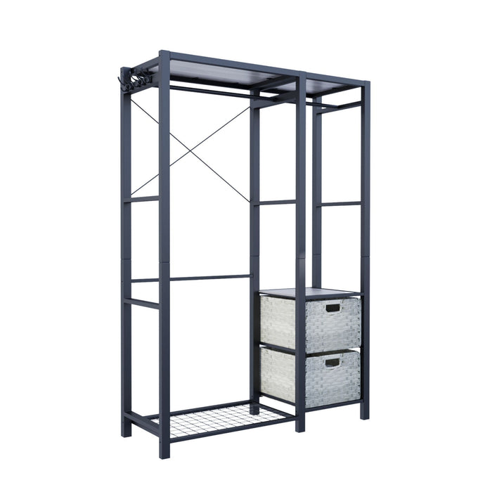 Garment Rack With Shelves, 2 Wicker Drawers, 4 Hooks, Organizer