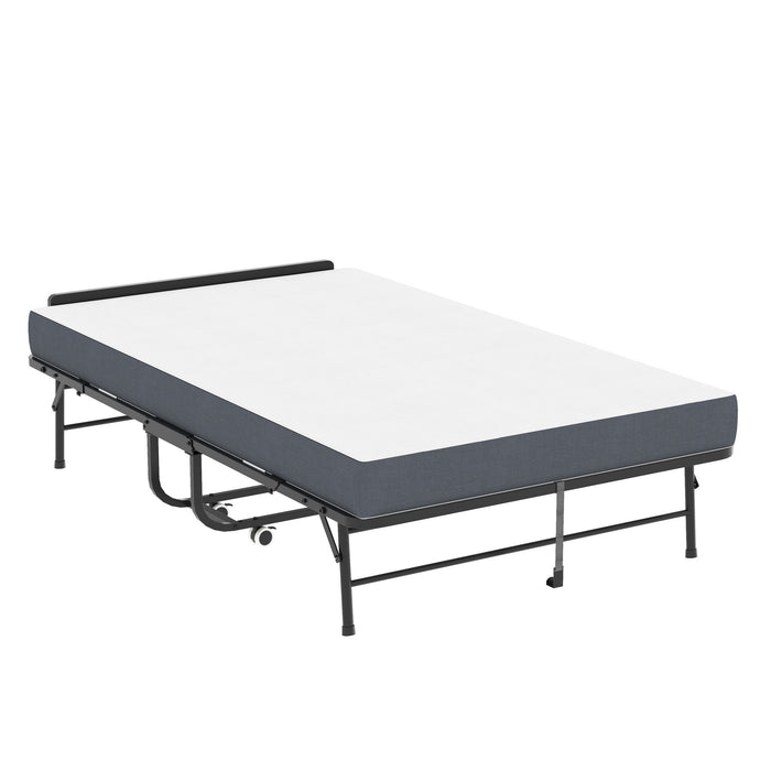 Twin Extra Long Folding Bed With Adjustable Headboard, Cot With Memory Foam Mattress - Black