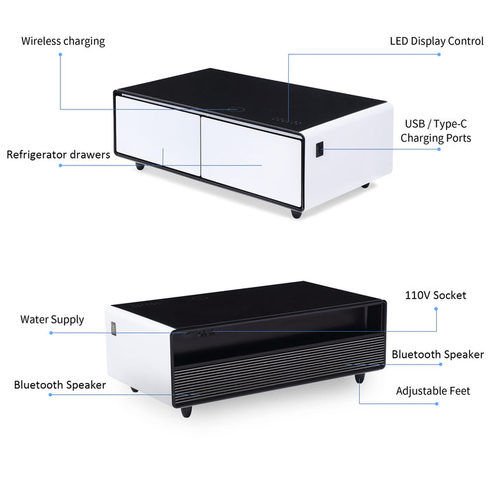 Modern Smart Coffee Table With Built-In Fridge, tooth Speaker, Wireless Charging Module, Touch Control Panel, Power Socket, USB Interface, Outlet Protection, Atmosphere Light