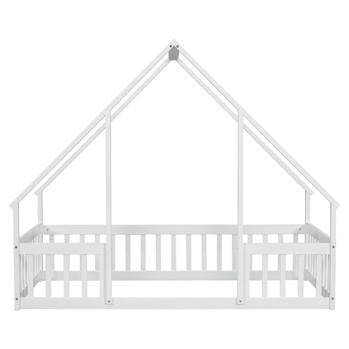 Wood House-Shaped Floor Bed With Fence, Guardrails