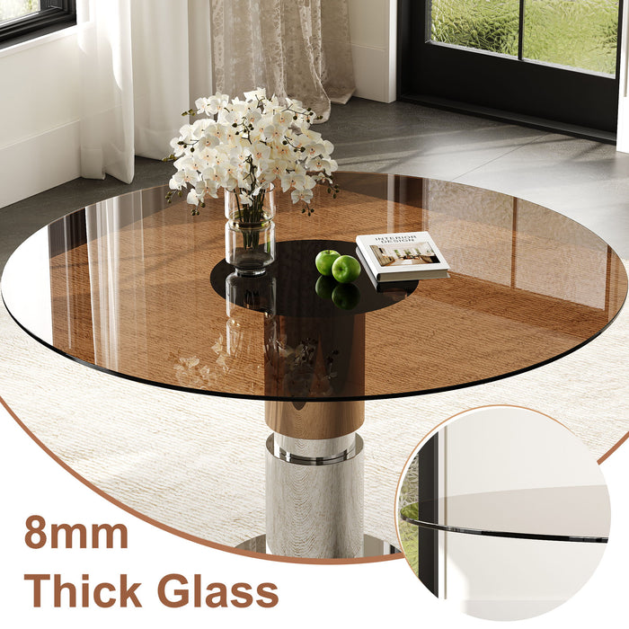 Round Glass Dining Table, Suitable For 2 - 4 People - Brown