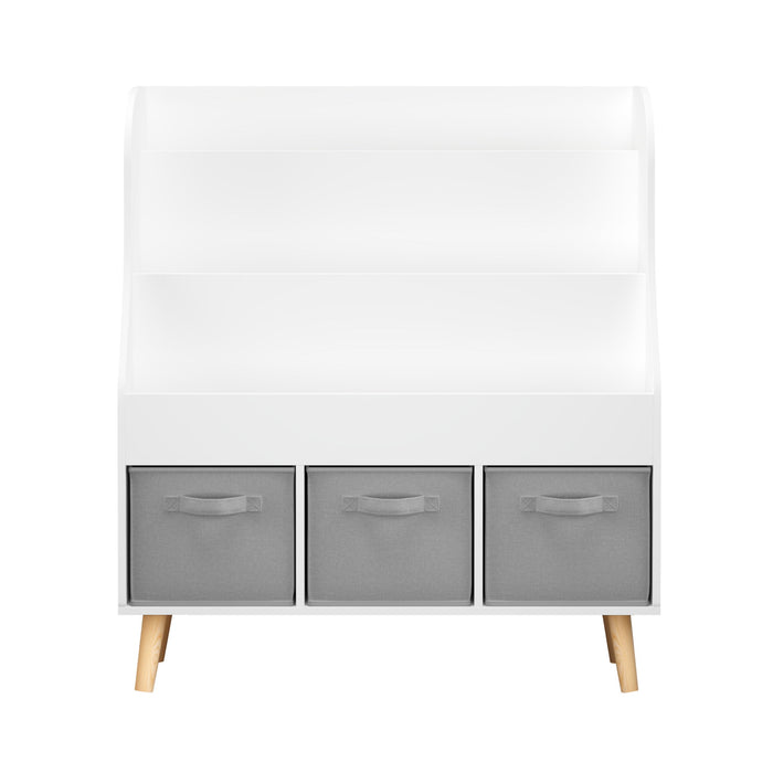 Bookshelf With 3 Storage Bins, Book Display Organizer, Front Facing Book Rack - White