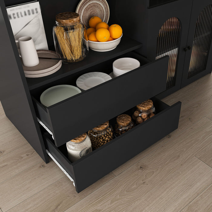 Retro Kitchen Island Set With Chairs, Extendable & Rotating Table, 4 Drawers & Door Cabinets