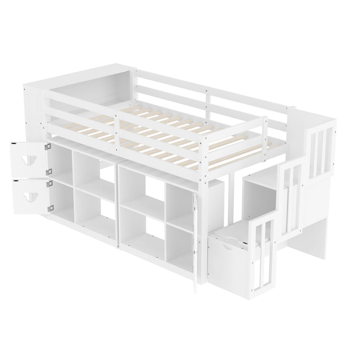 Loft Bed With Storage Cabinets, Staircase Drawers & LED Lights