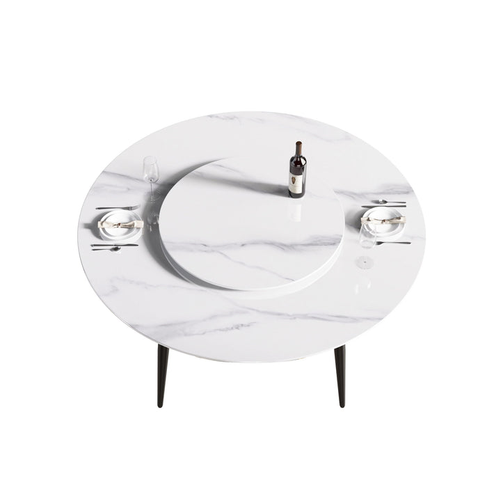 59.05" Modern Artificial Stone Round Metal Dining Table, Can Accommodate 6 People Artificial Stone Turntable - White / Black