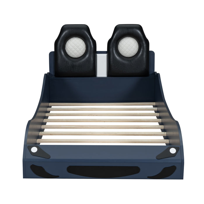 Race Car Shaped Platform Bed With LED And Upholstered Backrest In